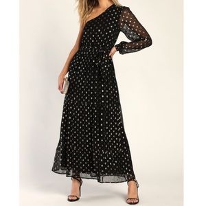 Lulus | Dresses | Nwot Lulus Radiant Energy Black And Gold Clip Dot One  Shoulder Maxi Dress Medium | Poshmark